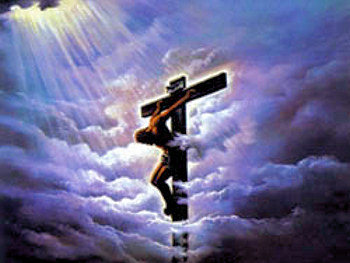 Beams of light shine down through clouds on Christ, as he is hanging on the cross at Calvary.