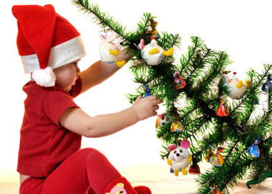 A little boy sitting on the floor wearing a Santa hat and holding a small Christmas tree.