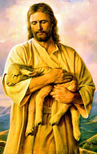 Jesus holding a lamb in His arms.