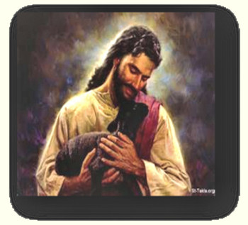 Picture of Jesus holding a little black sheep in His arms.