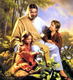 Jesus, with His arms around the shoulders of a young boy and girl.