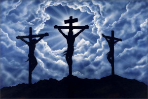 Jesus and two criminals on crosses Golgotha.