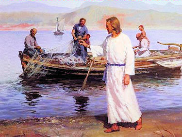 Jesus on the shore, talking to fishermen in a boat.