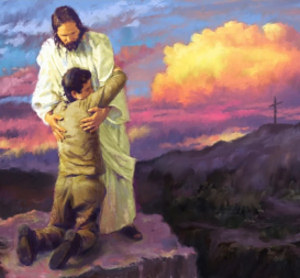 Jesus forgiving a man kneeling.