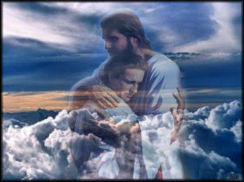 Jesus Christ giving a young man a fatherly hug.