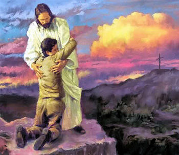 Picture of a man on his knees huging Jesus, and wanting to be saved.