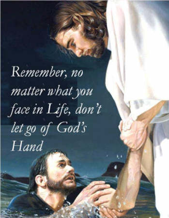 Jesus holding the hand of a man in the water.