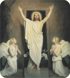 Image of Jesus Christ leaving the cave with two angels kneeling.