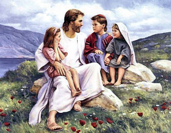 Picture of Jesus talking to several children, seated near him, on a mountain top.