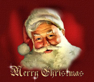 Beautiful Head Shot of Santa Claus, on a red background, wishing everyone a Merry Christmas.