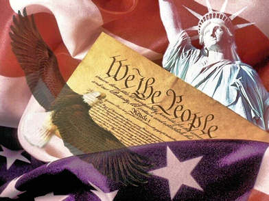US Constitution, Statute of Liberty, American flag.