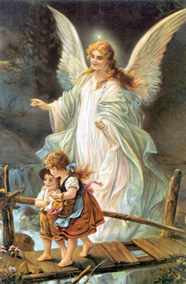 Angel watching over a young boy and girl.
