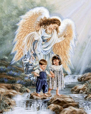 Angel protecting two young childern as they cross a stream.