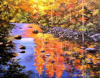 Beautiful Fall colored trees by a stream.