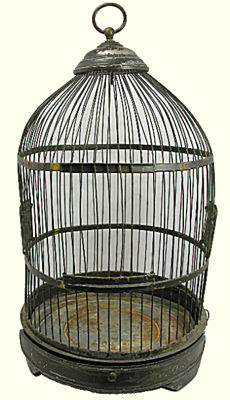 Old rusted and dented bird cage.