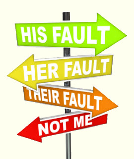 Four arrow shaped signs pointing in different directions saying: 'His fault, Her fault, Their fault, Not me'.