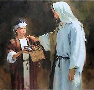 A lad with a lunch box giving his five loaves and two fish to Andrew to feed the multitudes.