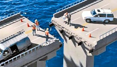 Men standing on two sections of bridge that don't line-up and, hopefully, coming up with a successful solution to the problem.