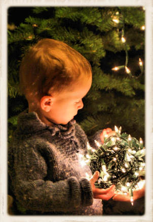 Young boy looking at the glow of the Christmas tree lights.