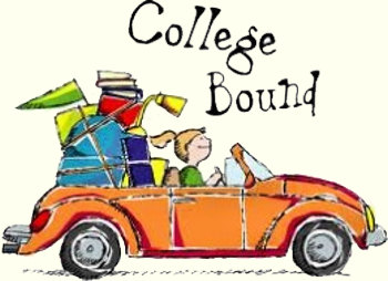 Cartoon image of a packed volkswagen convertible and girl headed to college.