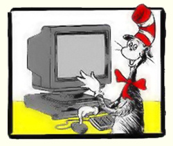 Computer and cat-in-hat image.