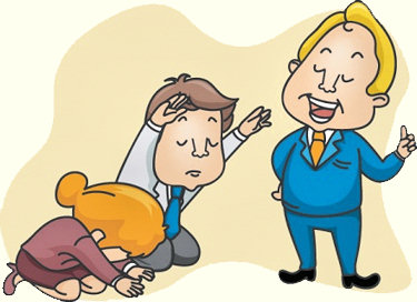 Cartoon picture of two children bowing to their know-it-all dad.