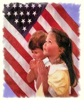 American flag - young boy and girl praying.