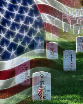 Beautiful American flag photo, with tombstones in the background, on Memorial day.
