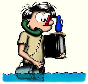 Cartoon picture of a man in a flooded basement with a bucket in one hand and TV set in the other.