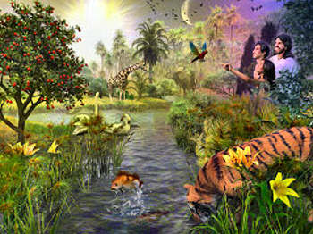 Garden of Eden image, with trees, animals, flowers, birds, etc.