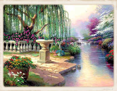 Beautiful flower garden, trees, and stream.