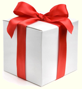 White gift box with a big red ribbon.