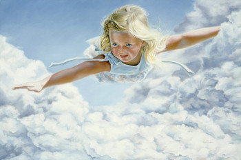 Young girl dreaming she's flying in the clouds.