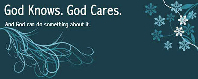 Blue and white 'God knows - God cares' banner.