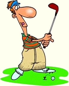 Cartoon image of a golfer getting ready to Tee-Off - the ball roles off the Tee.