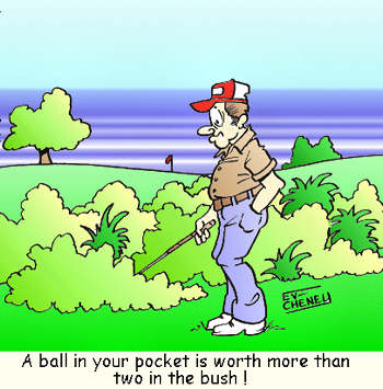 Humorus cartoon golfer with a missing golf ball story.