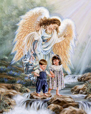 Guardian angel watching over a little boy and girl.