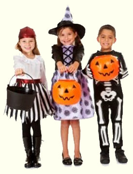 Three childern dressed-up for Halloween trick-or-treating.
