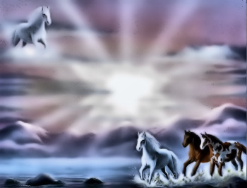 Mystical white horse in the sky watching three horses crossing the river.