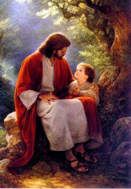 Jesus talking to a little boy.