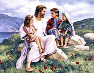 Jesus Christ talking to three children up on a hill.