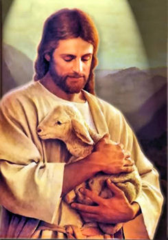 Jesus Christ holding a baby lamb.