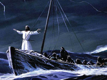 Jesus in a boat calming the storm.