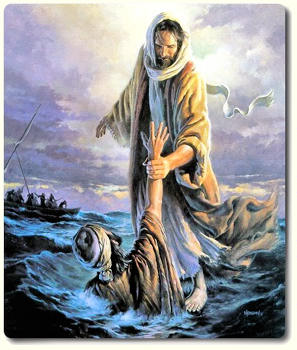 Jesus saving a man in the sea.