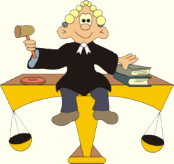 Young man sitting on a desk that has the scales of justice attached.