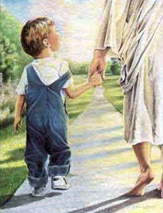 Jesus like man walking with young boy.
