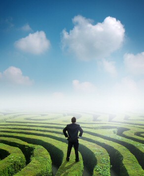 Man standing on a maze - looking out at the world.