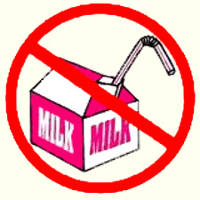 School milk carton with straw, and a big red do not drink symbol.