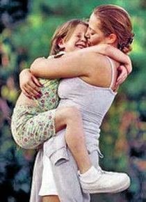 Mother huging daughter.
