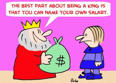 King, money bag, young man. 'The best part about being king is you can name your own salary.'